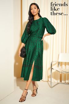 Friends Like These Green Paisley Satin 3/4 Sleeve Midi Dress (Q29704) | AED266