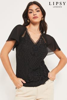 Lipsy Black Flutter Sleeve Lace Top (Q29781) | €26