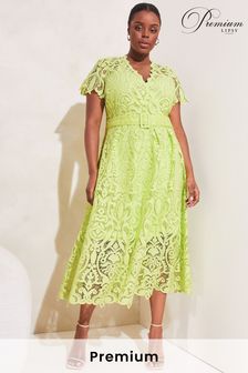 Lipsy Green Curve Premium V Neck Belted Lace Short Puff Sleeve Midi Dress (Q29834) | 397 zł