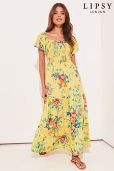 Lipsy Yellow Poplin Square Neck Short Sleeve Shirred Maxi Dress (Q29994) | INR 6,283