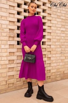 Chi Chi London Purple Long Sleeve Shirred Maxi Dress (Q30005) | 182 zł