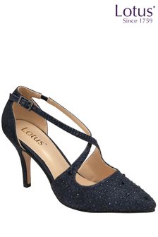 Lotus Footwear Blue Diamante Court Shoe with Cross Strap (Q30380) | €40