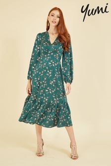 Yumi Teal Green Pebble Print Long Sleeve Midi Dress (Q30646) | 190 zł