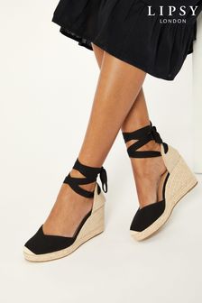 Lipsy Black Wide FIt Closed Toe Ankle Tie Espadrille Wedges Sandal (Q30723) | 61 €