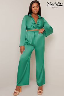 Chi Chi London Emerald Green Satin Wide Leg Elasticated Waist Trousers (Q30727) | €27