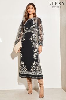 Lipsy Black White Placement Print Long Sleeve Midi Dress (Q30956) | $95