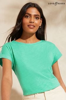 Grün - Love & Roses Jersey-T-Shirt mit Rundhalsausschnitt und gewebtem Besatz im Leinenlook (Q31209) | 25 €