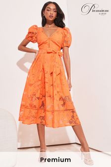 Lipsy Orange Premium V Neck Belted Lace Short Puff Sleeve Midi Dress (Q31964) | €148