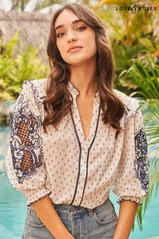 Love & Roses White Cutwork Broderie V Neck Button Up 3/4 Sleeve Blouse (Q32027) | TRY 775