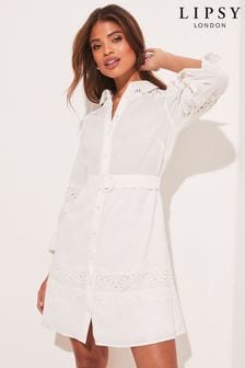 Lipsy White Long Sleeve Lace Insert Belted Shirt Dress (Q32082) | DKK496