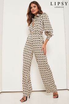 Lipsy Belted Shirt Style Long Sleeve Summer Wide Leg Jumpsuit