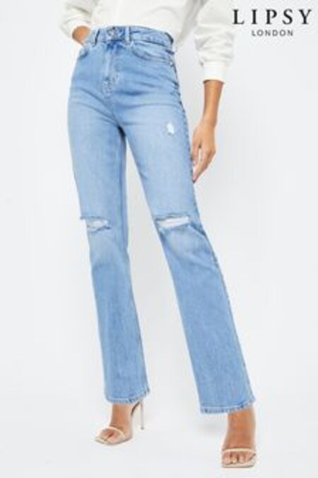 Lipsy Ripped Blue High Waist Straight Leg Harper Jeans (Q32210) | $103
