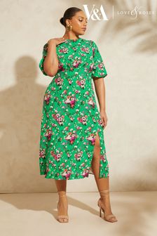 V&A | Love & Roses Green Floral Curve Printed Empire Puff Sleeve Split Midi Dress (Q32294) | €57