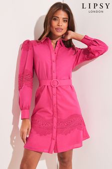 Pink - Lipsy Long Sleeve Lace Insert Belted Shirt Dress (Q32326) | BGN147