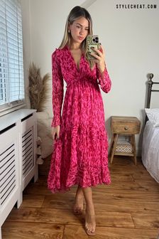 Style Cheat Pink Birdie Frill Tie Back Dress (Q32429) | $119