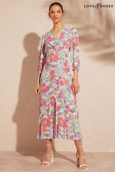 Love & Roses Pink Floral V Neck Twist Front Long Sleeve Midi Dress (Q32466) | €29