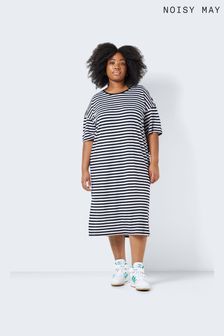 NOISY MAY Black and White Curve Oversized Midi T-Shirt Dress (Q32496) | $31