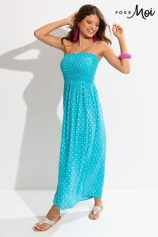 Pour Moi Blue Aqua Spot Removable Straps Shirred Bodice Maxi Dress (Q32566) | $54