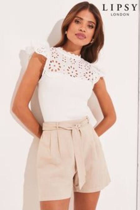 Lipsy White Broderie Angel Sleeve Knitted Top (Q32573) | $53
