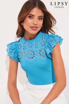 Lipsy Blue Broderie Angel Sleeve Knitted Top (Q32574) | kr357