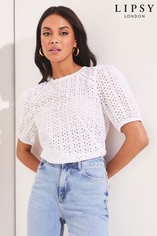 Lipsy White Broderie Front Half Sleeve T Shirt (Q32680) | $38