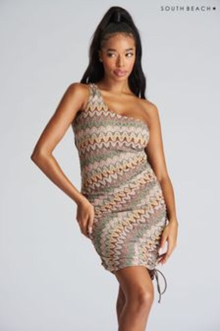 South Beach Neutral Multi Crochet One Shoulder Dress (Q32752) | €34