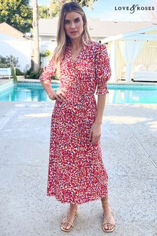 Love & Roses Red Animal Printed Ruffle V Neck Button Up Midi Dress (Q32882) | €29