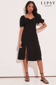 Lipsy Black Knot Linen Look Sweetheart Neck Puff Sleeve Midi Dress (Q33118) | €16