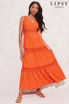 Lipsy Orange Foil Printed Metallic V Neck Crochet Lace Trim Maxi Dress (Q33143) | €31