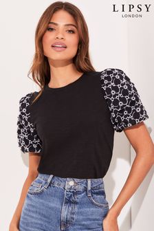 Lipsy Black Broderie Puff Sleeve Round Neck Jersey T Shirt (Q33200) | INR 2,476