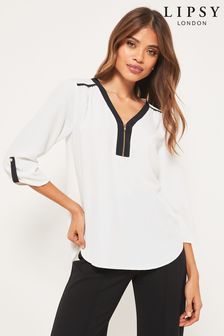 Lipsy Monochrome V Neck Zip Front 3/4 Sleeve Top (Q33322) | INR 3,368