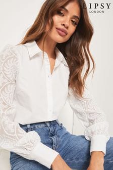 Lipsy White Lace Sleeve Poplin Button Up Shirt (Q33324) | $74
