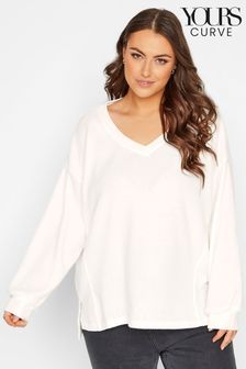 Yours Curve Cream Stretch Drop Shoulder Fleece V-Neck Sweatshirt (Q33366) | AED61