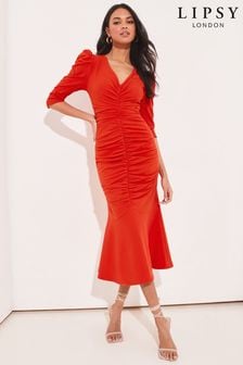 Lipsy Red Ruched Front Gathered Midi Fit and Flare Dress (Q33392) | INR 5,336