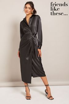Friends Like These Black Long Sleeve Satin Wrap Midi Dress (Q33464) | €36