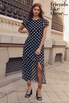 Friends Like These Black Spot Chiffon Flutter Sleeve Midi Dress (Q33500) | €26