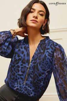 Love & Roses Navy Blue Blue Animal Zip Front Mix Sheer Long Sleeve Blouse (Q33559) | $79
