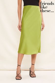 Friends Like These Green Olive Satin Bias Summer Midi Skirt (Q33695) | €20