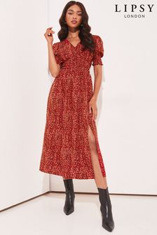 Lipsy Red Print Petite Shirred Puff Sleeve V Neck Split Midi Dress (Q33741) | 30 €