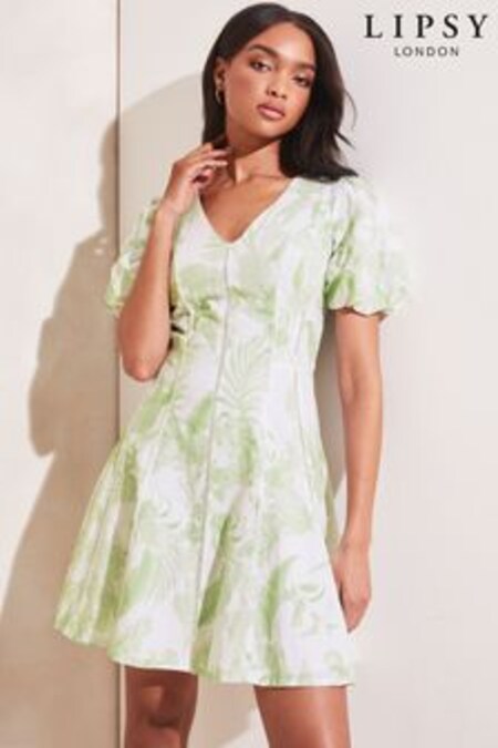 Lipsy Green Print Puff Sleeve Mini Tea Dress (Q33746) | €67