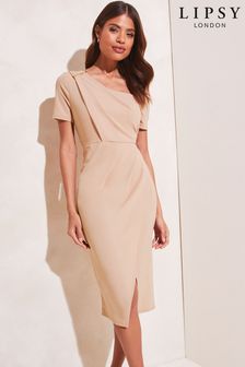 Lipsy Camel Short Sleeve Wrap Style Slit Front Bodycon Dress (Q33998) | €37