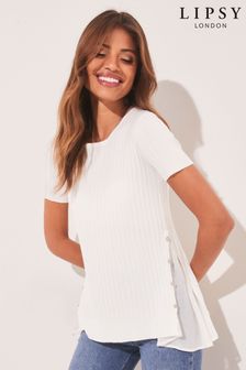 Lipsy Ivory White Ribbed Studded Mix Knitted Short Sleeve Top (Q34022) | DKK289