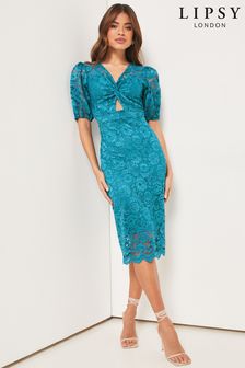 Lipsy Blue Lace Puff Sleeve Cut Out Midi Dress (Q34078) | €32