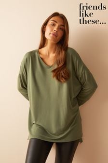 Friends Like These Khaki Green Petite Soft Jersey V Neck Long Sleeve Tunic Top (Q34233) | $38