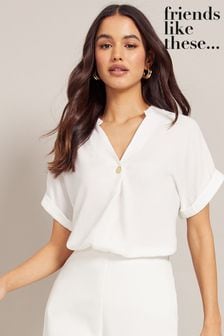 Friends Like These Ivory Notch Neck Roll Sleeve Button Blouse (Q34457) | $39