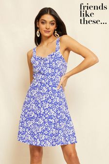 Blau mit floralem Muster - Friends Like These Sommer-Mini-Sonnenkleid mit gerafftem Sweetheart-Ausschnitt​​​​​​​ (Q34471) | 22 €