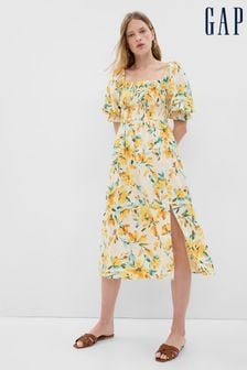 Gap Yellow Linen Blend Puff Sleeve Square Neck Midi Dress (Q34618) | €43