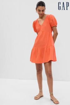 Gap Orange Crinkle Gauze Puff Sleeve Tiered Mini Dress (Q34666) | €33