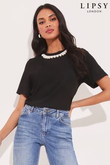 Lipsy Black Pearl Necklace Trim T-Shirt (Q34740) | 19 €