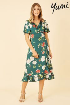 Yumi Green Multi Satin Rose Print Wrap Dress (Q34807) | €36